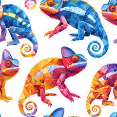 Chameleons rainbow line art pop art cartoon colorful repeat pattern, vibrant bright party funky kawaii	
