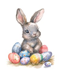 Watercolor illustration of a cute gray bunny and easter eggs on white background.