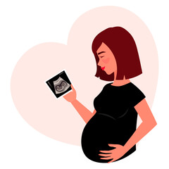 Pregnant woman holding photo of baby in her hands. Happy pretty woman looking picture of embryo. Smiling woman with ultrasound of baby. Cartoon vector illustration.