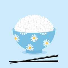 Rice in daisy ceramic bowl and chopsticks on blue background vector illustration.