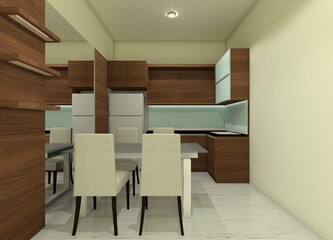 Minimalist Dining Room Design and Wooden Kitchen Cabinet