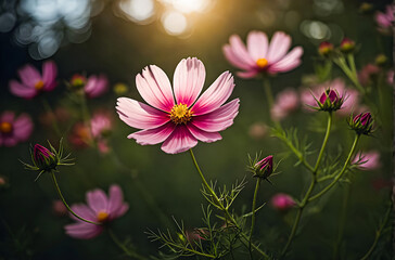 The beautiful cosmos flowers in a summer sunset day generative AI image.
