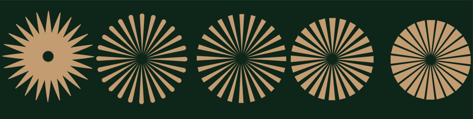 Vintage sunburst collection. Bursting golden sun rays. Fireworks. Logotype or lettering design element. Radial sunset beams. Vector illustration.