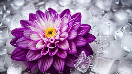 A purple chrysanthemum flower on pieces of ice. Festive decoration.