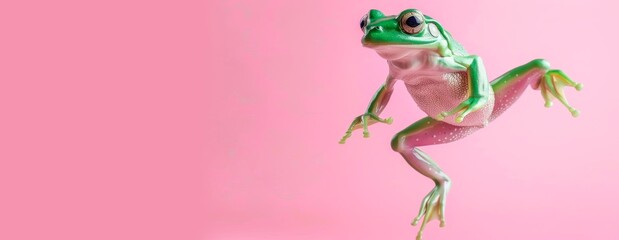 Green frog on pink  pastel background. 29 february leap year day concept, horizontal banner, copy space for text 