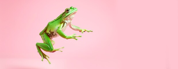Green frog on pink  pastel background. 29 february leap year day concept, horizontal banner, copy space for text 