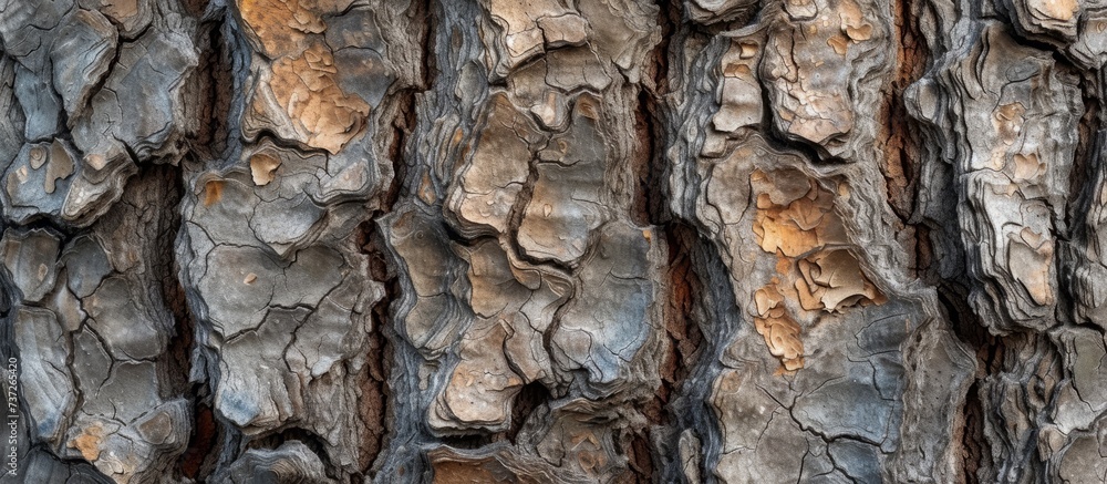 Poster a detailed view of the trunk of a tree showcasing the intricate patterns and artlike textures of the