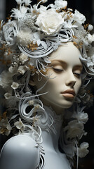 abstract 3d fantasy image of a women wearing flowers and leaves_6. Vertical. Aspect ratio 9:16