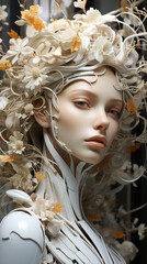 abstract 3d fantasy image of a women wearing flowers and leaves_1. Vertical. Aspect ratio 9:16