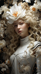 abstract 3d fantasy image of a women wearing flowers and leaves_1. Vertical. Aspect ratio 9:16