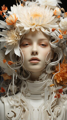abstract 3d fantasy image of a women wearing flowers and leaves_2. Vertical. Aspect ratio 9:16
