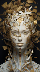 abstract 3d fantasy image of a women wearing metallics and leaves_4. Vertical. Aspect ratio 9:16