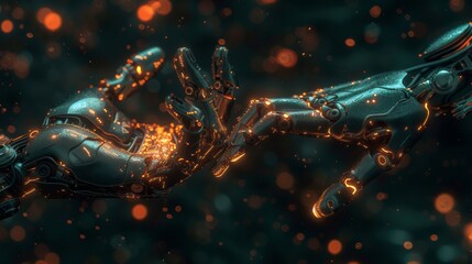 In the era of artificial intelligence and machine learning, hands of humans and robots touching on huge data networks, information exchange, deep learning, and science, artificial intelligence