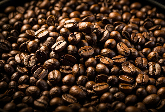 Roasted coffee beans on a wooden dark table, top view robusta beans food concept generative ai image.
