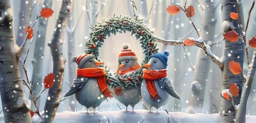 In a woodland setting, a duo of endearing birds, elegantly accessorized in hats and scarves, collaboratively showcases a festive Christmas wreath against the backdrop of slender birch trunks.