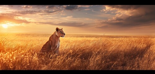 In the heart of the African wilderness, a lion's intense gaze pierces through the golden grass of...