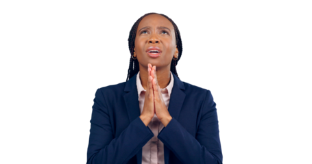 Businesswoman, prayer and hands with hope for promotion, results or opportunity in corporate. Nervous, woman and stress with praying for announcement on isolated, transparent and png background