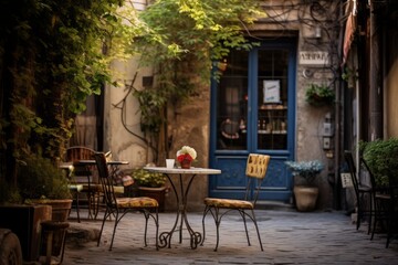 A bistro table with two chairs in a charming alley