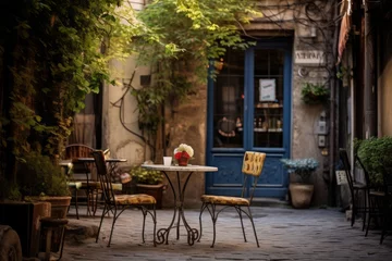 Cercles muraux Ruelle étroite A bistro table with two chairs in a charming alley
