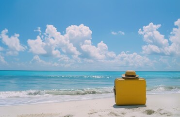 Travel concept, suitcase standing on the beach in the sand with a hat on it, summer vacation