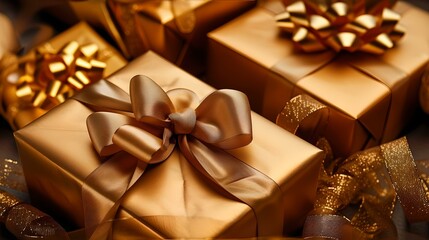Obraz na płótnie Canvas Elegant golden gift boxes with luxurious bows. perfect for holidays and celebrations. stylish wrapping ideas. AI