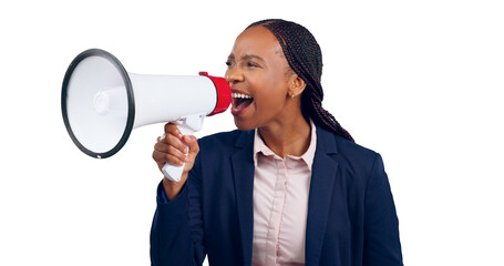 Angry, speaker and business woman with megaphone for news or announcement on transparent or png...