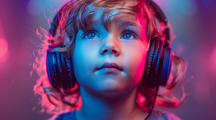 Studio shot of a young boy listening to music under neon lights. Portrait of a child with headphones isolated over a red and purple background.