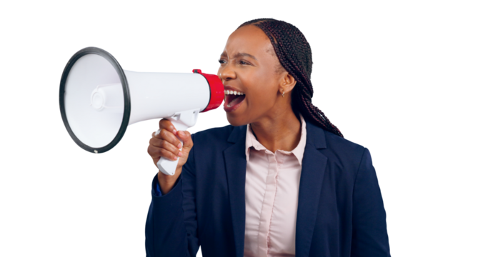 Angry, speaker and business woman with megaphone for news or announcement on transparent or png background. Corporate, protest and isolated person with speech, noise and bullhorn for call to action