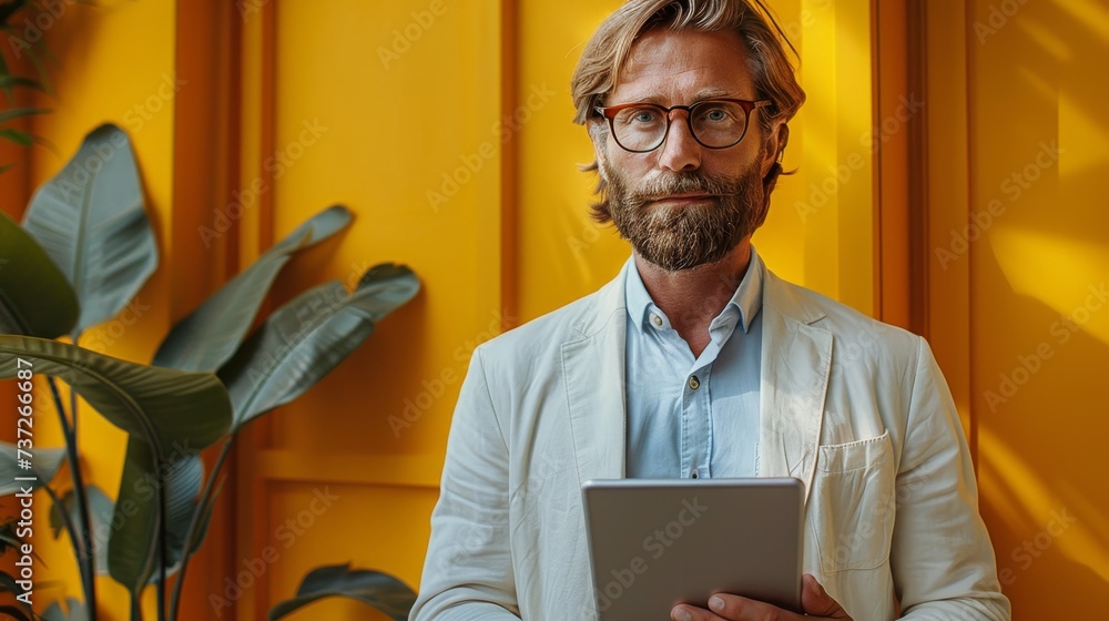 Aufkleber a businessman with a tablet or other technology isolated on a studio background.. an internet, conne