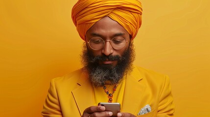 A smiling indian man is using his cell phone isolated on a yellow background. He is playing a game...