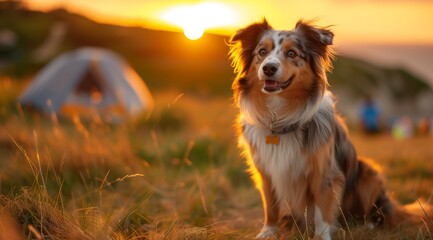 A happy Canine companion dog from the Sporting Group is sitting in a grassy field at sunset, with a tent in the background amidst a beautiful natural landscape