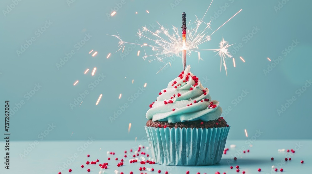 Poster using blue as a background, the cupcake has red and white sprinkles and a lit sparkler.