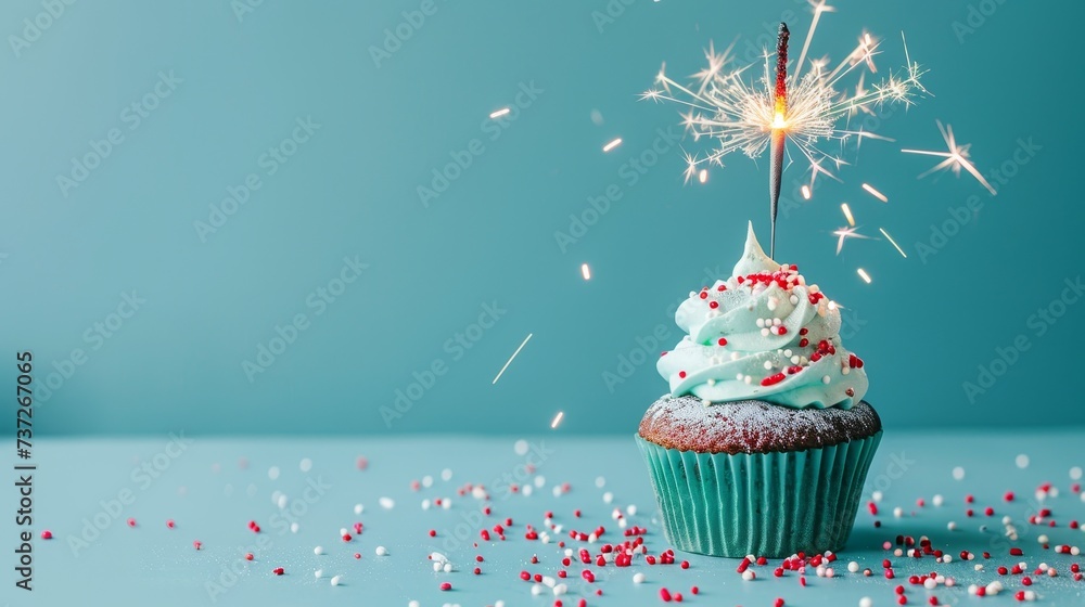 Poster the cupcake is blue with red and white sprinkles and is topped with a lit sparkler.
