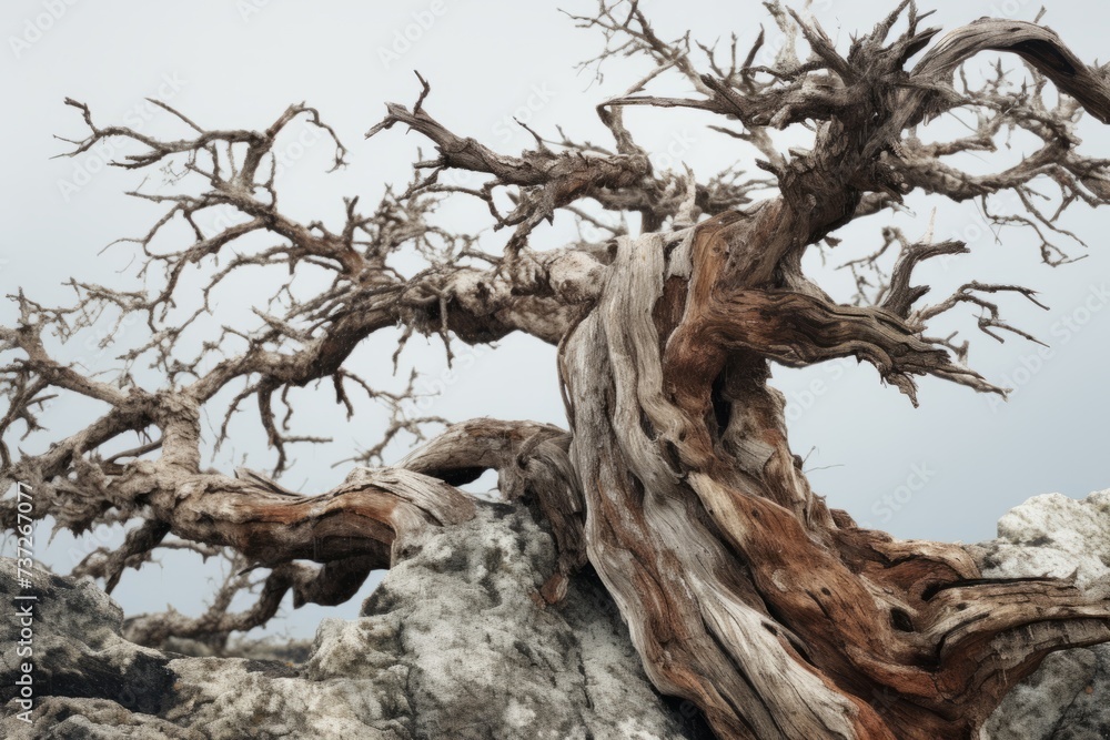 Poster a close up of a weathered and resilient tree standing against the elements