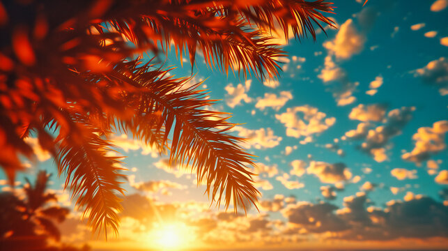 Summer Scene with Palm Trees and Sunset, Travel and Nature Concept, Tropical Beach Vacation Background