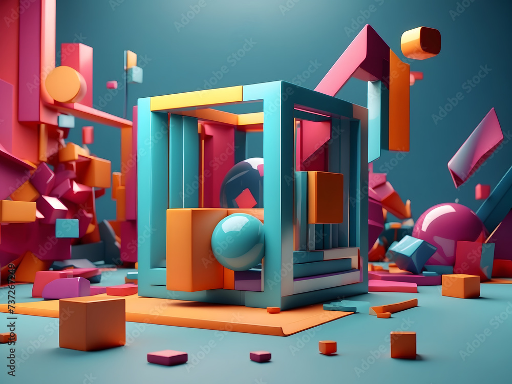 Poster abstract 3d representation of geometric shapes, and composition with squares. cube design. modern ba
