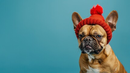 An adorable dog celebrates with a red party hat and blowout against a blue background, along with a copy space on the side. - obrazy, fototapety, plakaty