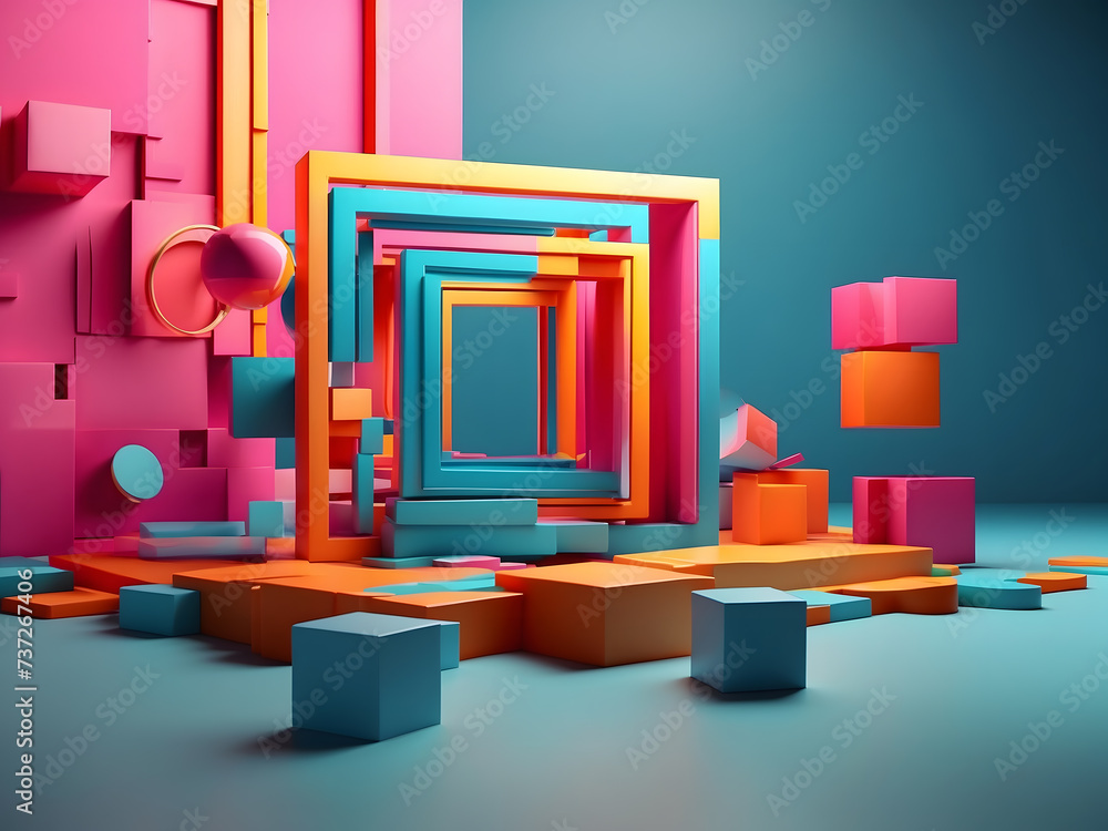 Poster abstract 3d representation of geometric shapes, and composition with squares. cube design. modern ba