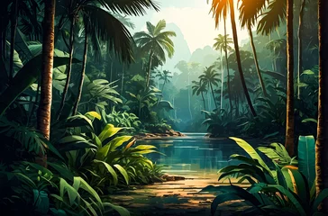 Deurstickers Bright tropical background with jungle plants generative AI image.  © Ariyan