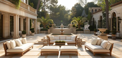 Explore the majesty of a mansion's outdoor plaza, where a meticulously designed patio unfolds with...