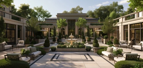 Behold the splendor of a mansion's outdoor haven, featuring a palatial patio surrounded by manicured gardens, exquisite fountains - obrazy, fototapety, plakaty