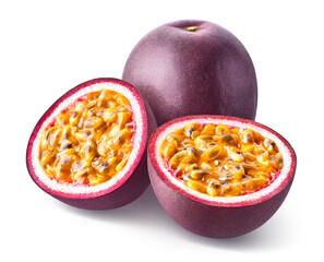 Whole and half fresh passion fruit isolated on white background