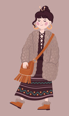 Boho outfit girl in fur coat