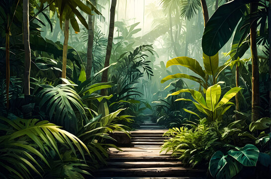 Bright tropical background with jungle plants generative AI image.
