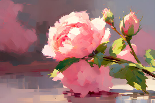 abstract painting of pink roses with a rough paint brush texture