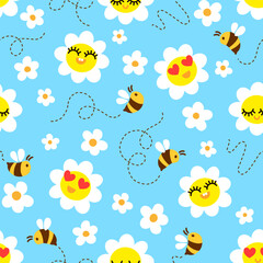 Bees on blossom meadow. Hand drown seamless vector pattern design