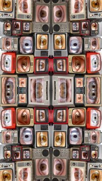 vintage televsion collection wall with eyes vertical