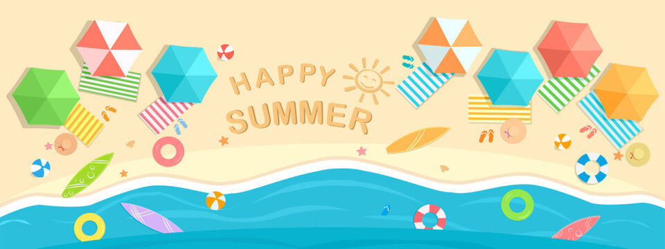 Happy summer beach sea banner vector illustration, top view colorful beach background with umbrella, mat, ball, swim ring, surfboard, hat, starfish, shell. Aerial view bright life outdoor activity
