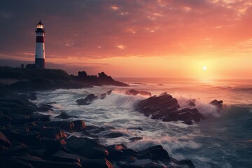 Fototapeta na wymiar A lighthouse in the distance during a coastal sunrise