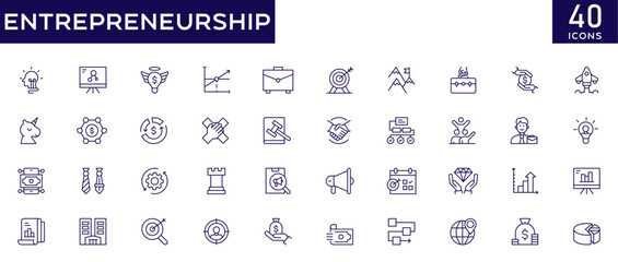 Entrepreneurship icon set with fully editable stroke thin line vector illustration with enterprise, startup activity, innovation, business, leadership, small business management, creativity, spirit